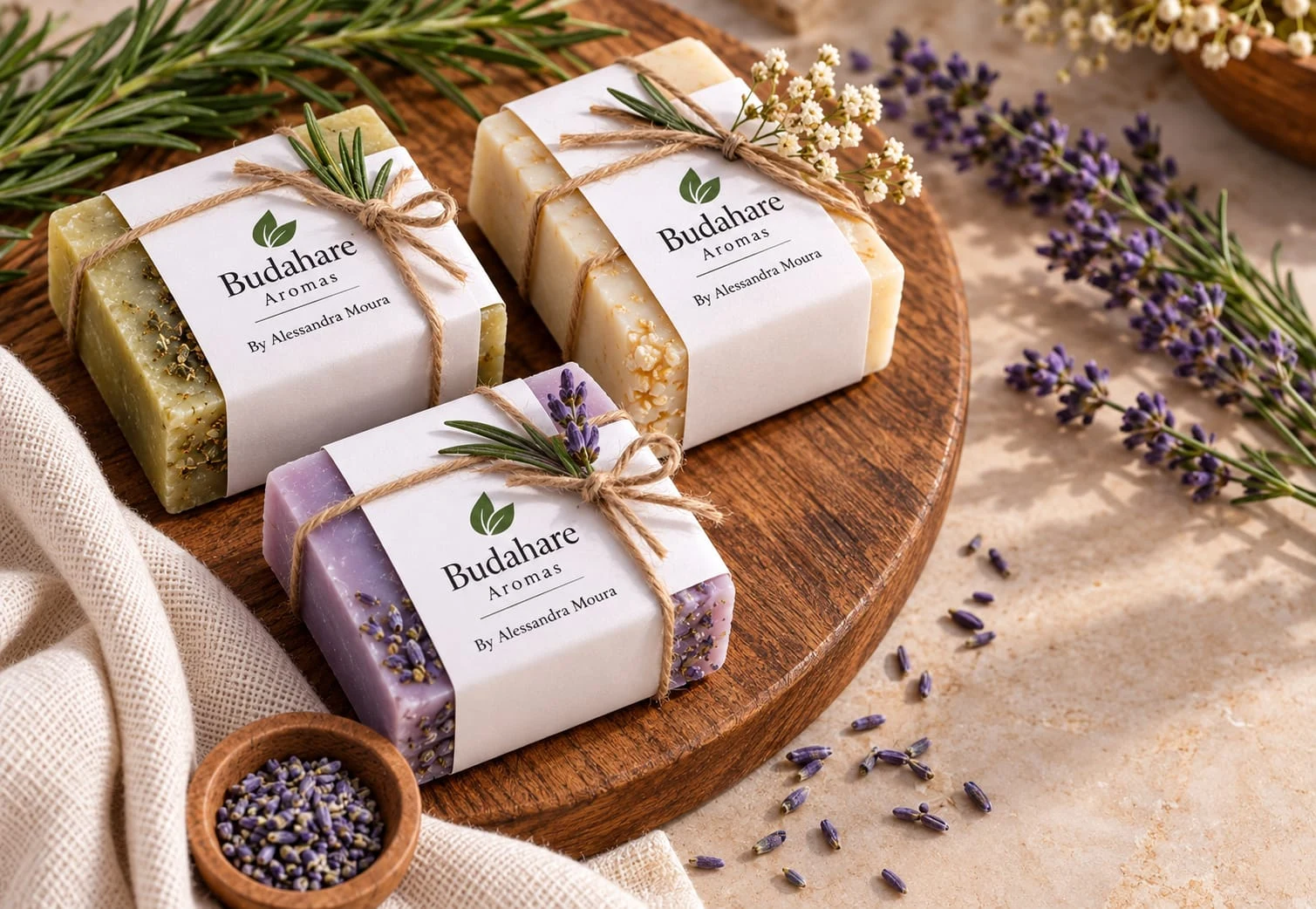 Produtos artesanais Budahare em composição natural