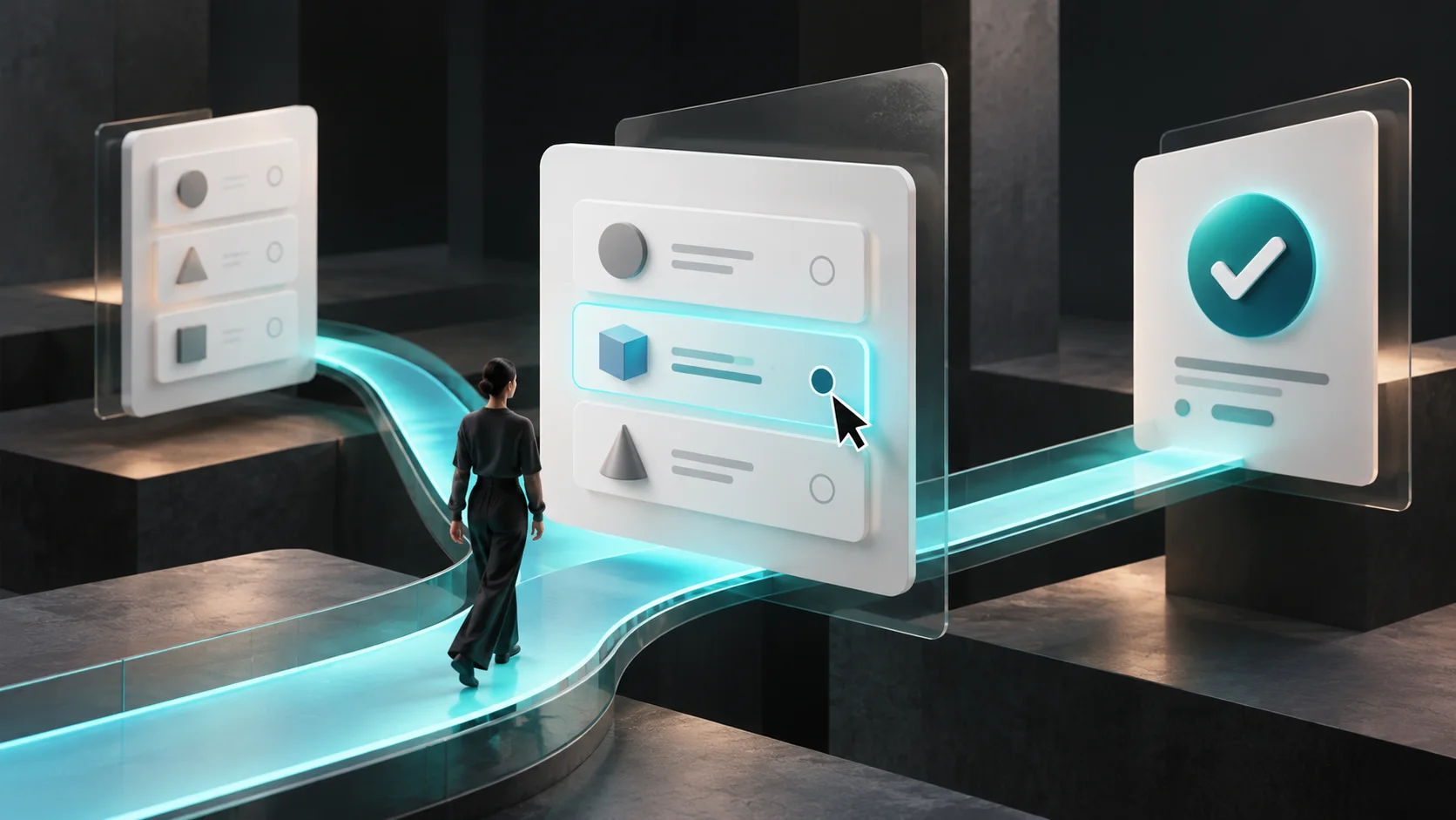 Imagem de interfaces e um percurso visual que sugere a conclusão de uma tarefa.
